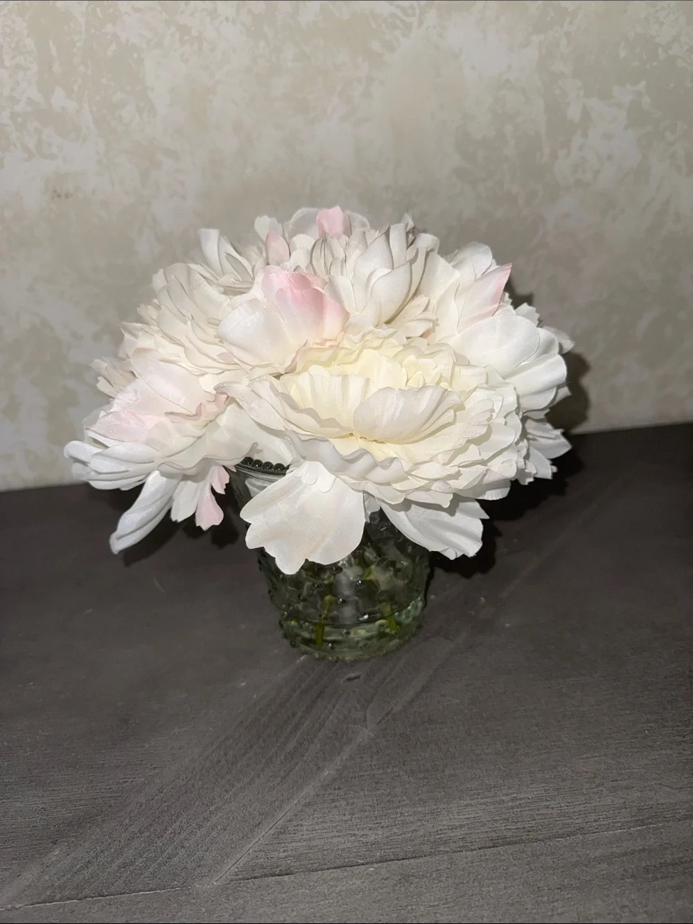 White and Blush Artificial Peony Arrangement in Glass Vase